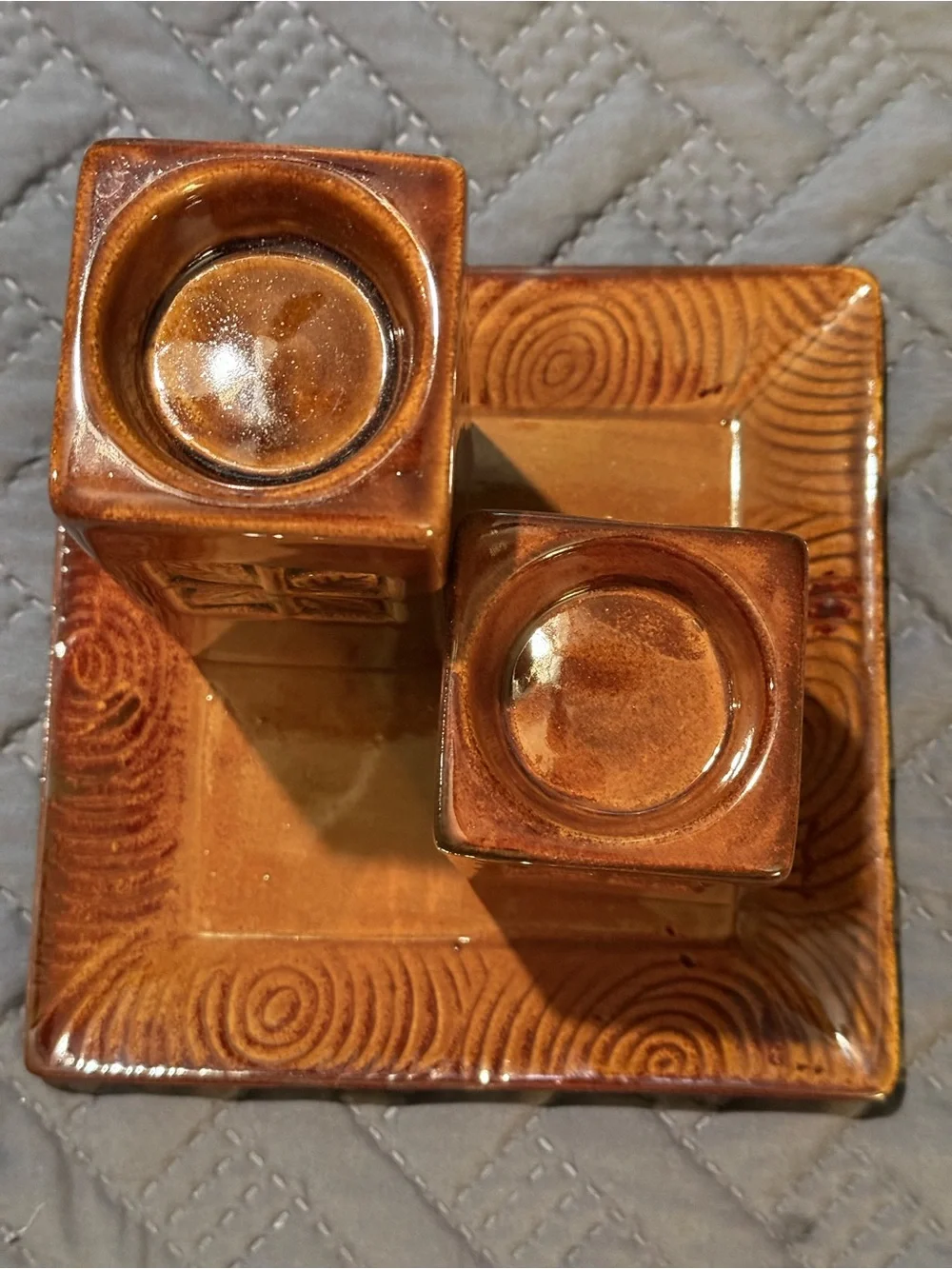 Brown Glazed Ceramic Pillar Candle Holder Set with Tray